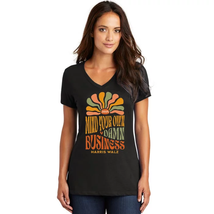 Harris Walz Mind Your Own Damn Business Boho Flower Women's V-Neck T-Shirt