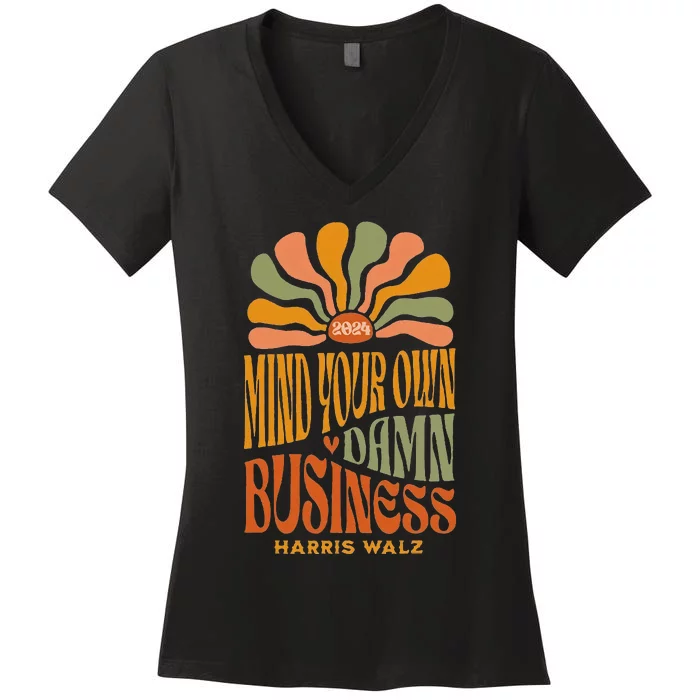 Harris Walz Mind Your Own Damn Business Boho Flower Women's V-Neck T-Shirt