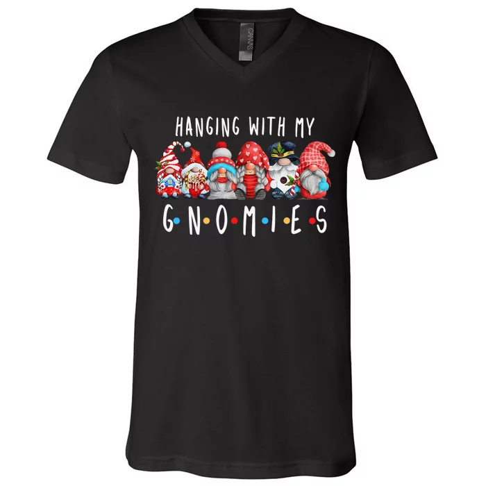 Hanging with My Gnomies Funny Gnome Family Christmas V-Neck T-Shirt