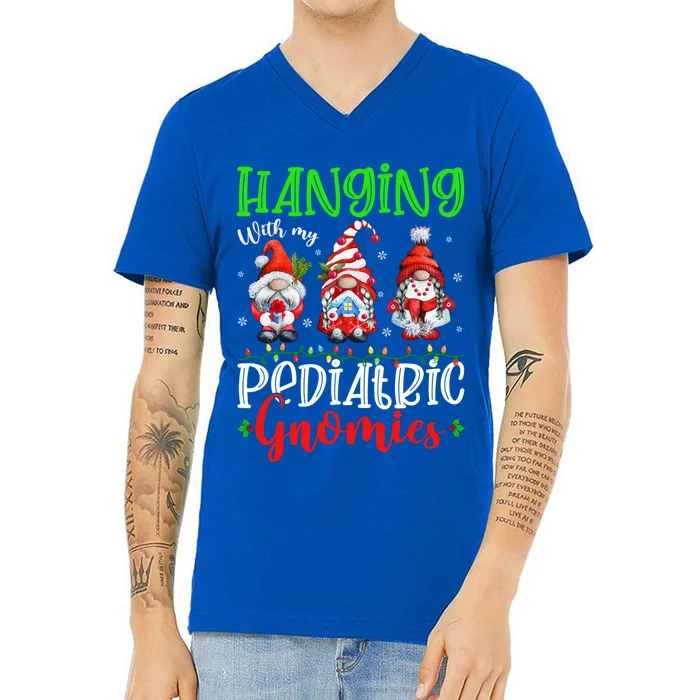 Hanging With My Pediatric Gnomies Cute Xmas Gnome Nurse Cute Gift V-Neck T-Shirt