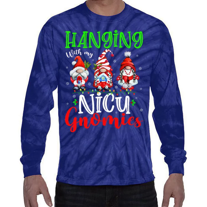 Hanging With My Nicu Gnomies Cute Xmas Lights Gnome Nurse Tie-Dye Long Sleeve Shirt