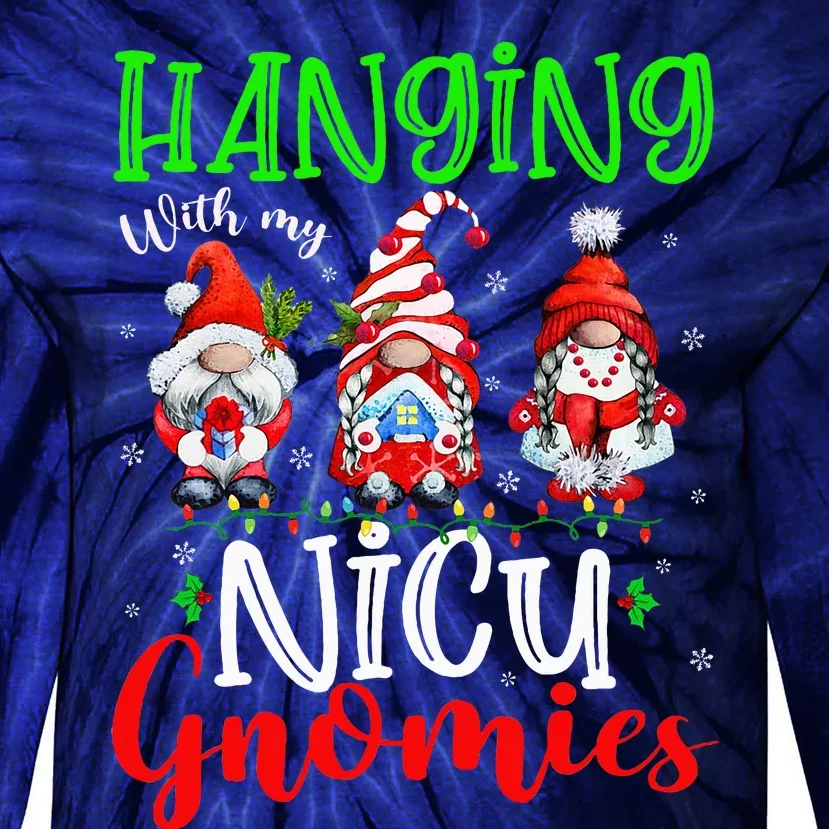 Hanging With My Nicu Gnomies Cute Xmas Lights Gnome Nurse Tie-Dye Long Sleeve Shirt