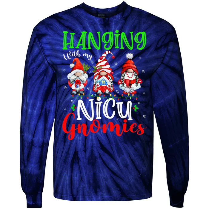 Hanging With My Nicu Gnomies Cute Xmas Lights Gnome Nurse Tie-Dye Long Sleeve Shirt