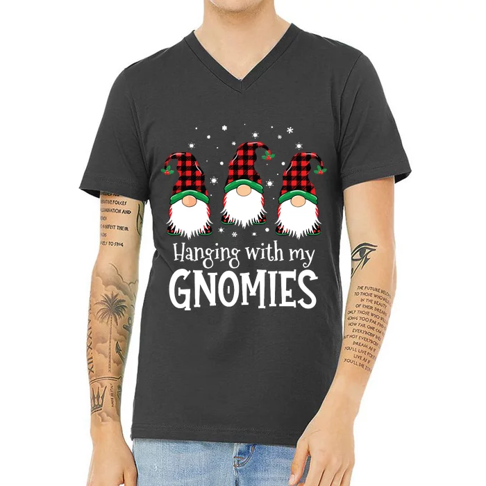 Hanging With My Gnomies Funny Red Plaid Christmas Gnome V-Neck T-Shirt