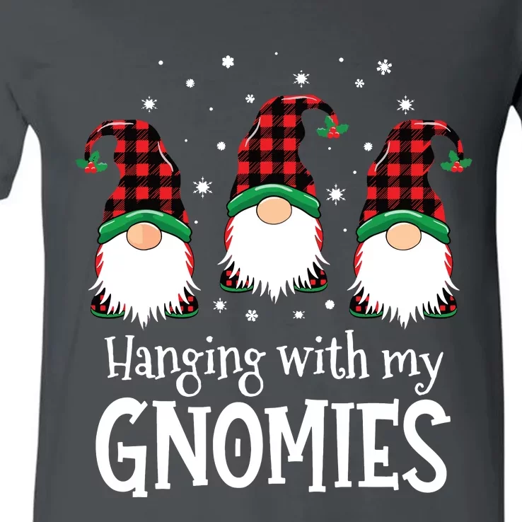 Hanging With My Gnomies Funny Red Plaid Christmas Gnome V-Neck T-Shirt