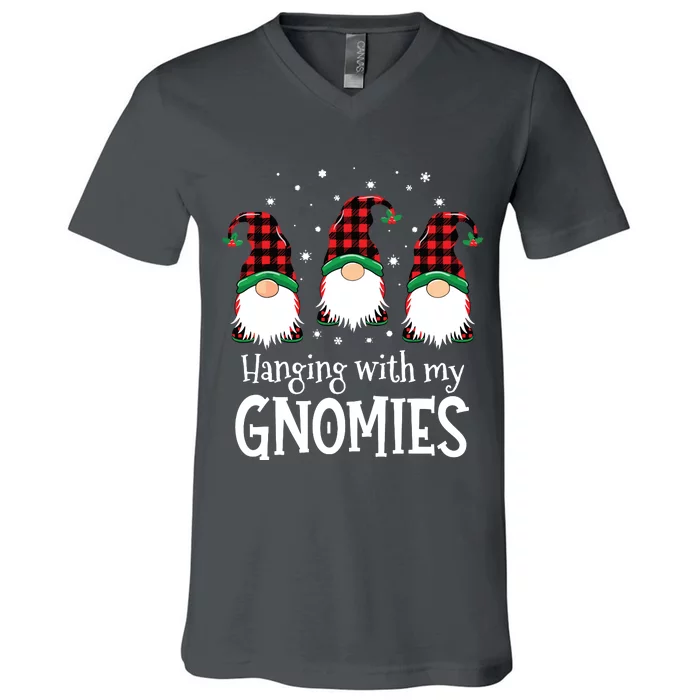 Hanging With My Gnomies Funny Red Plaid Christmas Gnome V-Neck T-Shirt