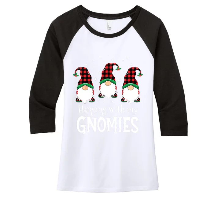 Hanging With My Gnomies Funny Red Plaid Christmas Gnome Women's Tri-Blend 3/4-Sleeve Raglan Shirt