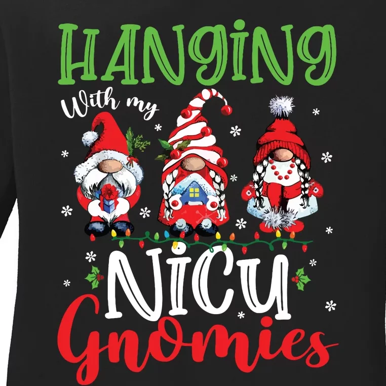 Hanging With My Nicu Gnomies Cute Xmas Lights Gnome Nurse Ladies Long Sleeve Shirt