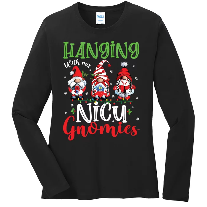 Hanging With My Nicu Gnomies Cute Xmas Lights Gnome Nurse Ladies Long Sleeve Shirt