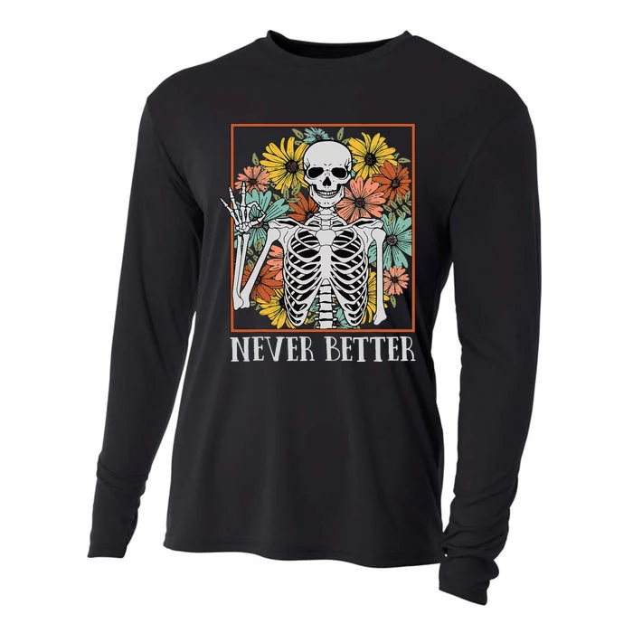 Halloween Women Never Better Skeleton Floral Skull Cooling Performance Long Sleeve Crew