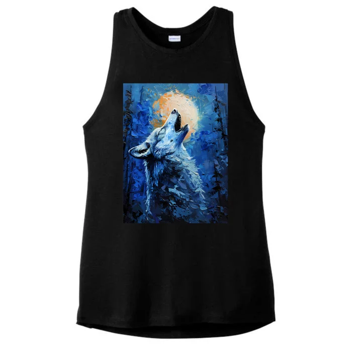 Howling Wolf Oil Painting Ladies Tri-Blend Wicking Tank