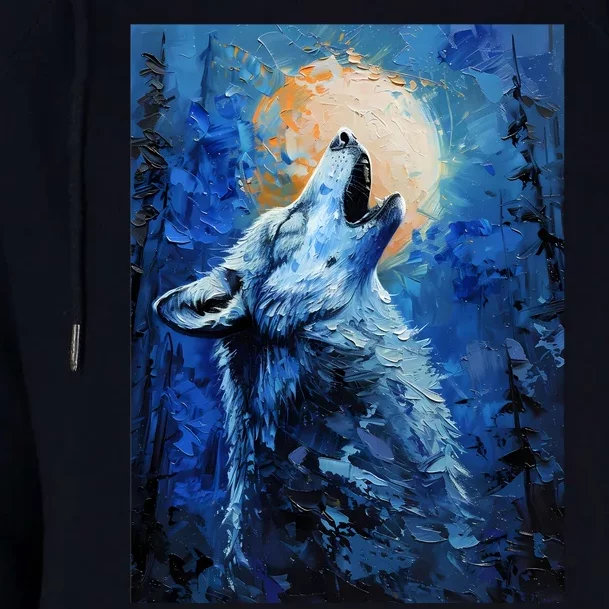 Howling Wolf Oil Painting Womens Funnel Neck Pullover Hood