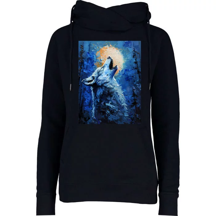 Howling Wolf Oil Painting Womens Funnel Neck Pullover Hood