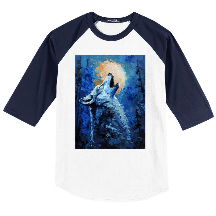 Howling Wolf Oil Painting Baseball Sleeve Shirt