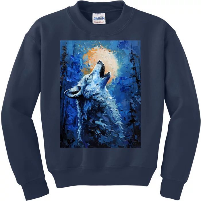 Howling Wolf Oil Painting Kids Sweatshirt