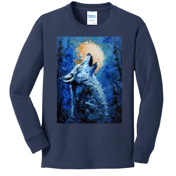 Howling Wolf Oil Painting Kids Long Sleeve Shirt