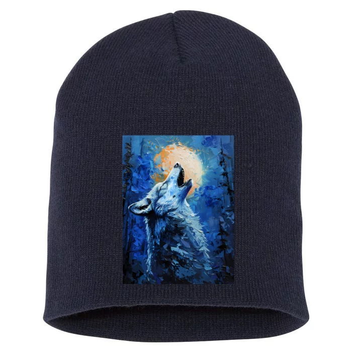 Howling Wolf Oil Painting Short Acrylic Beanie