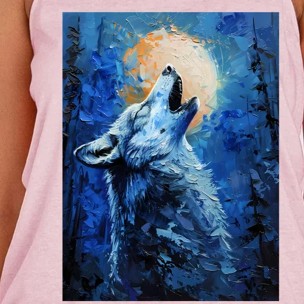 Howling Wolf Oil Painting Women's Knotted Racerback Tank