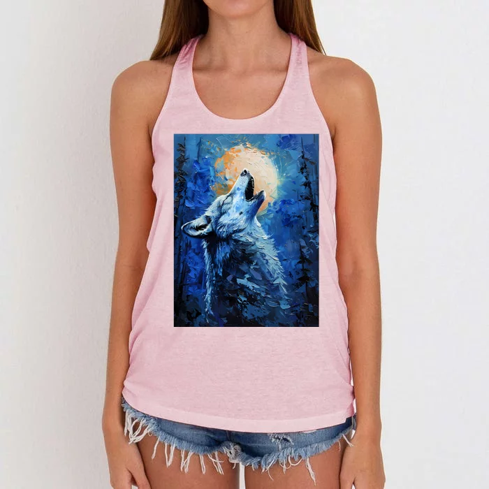 Howling Wolf Oil Painting Women's Knotted Racerback Tank