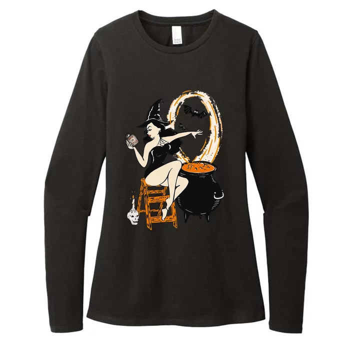 Halloween Witch Pin Up Vintage Retro Womens CVC Long Sleeve Shirt