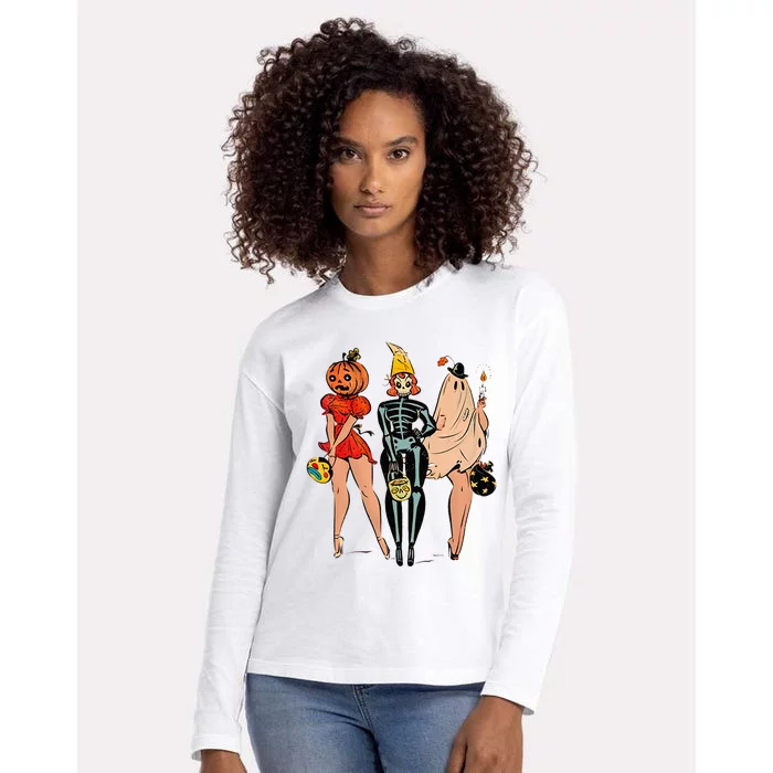 Halloween Witch Pin Up Retro Vintage Pumpkin Womens Cotton Relaxed Long Sleeve T-Shirt