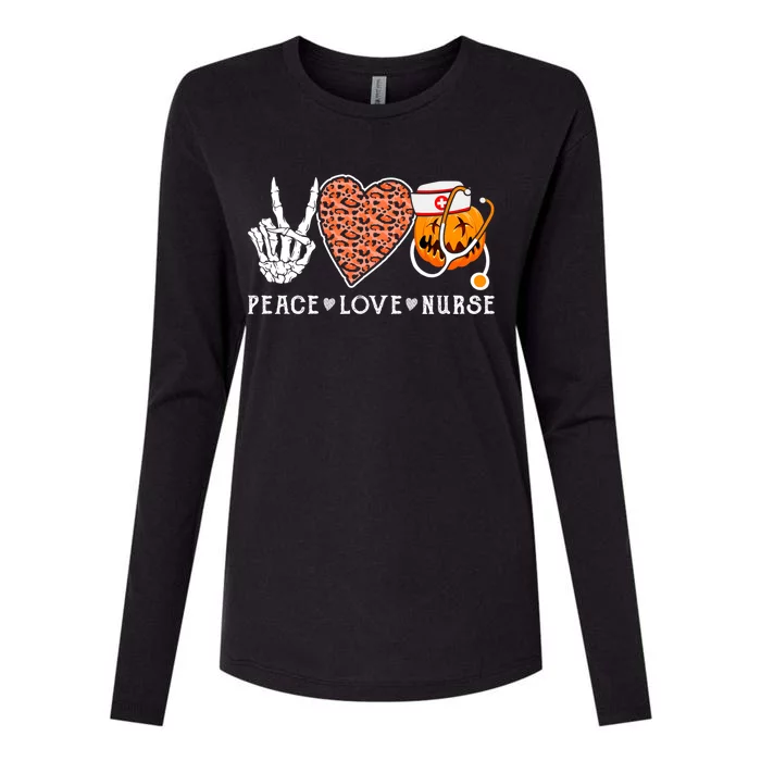 Healthcare Worker Peace Love Nurse Halloween Pumpkin Leopard Gift Womens Cotton Relaxed Long Sleeve T-Shirt