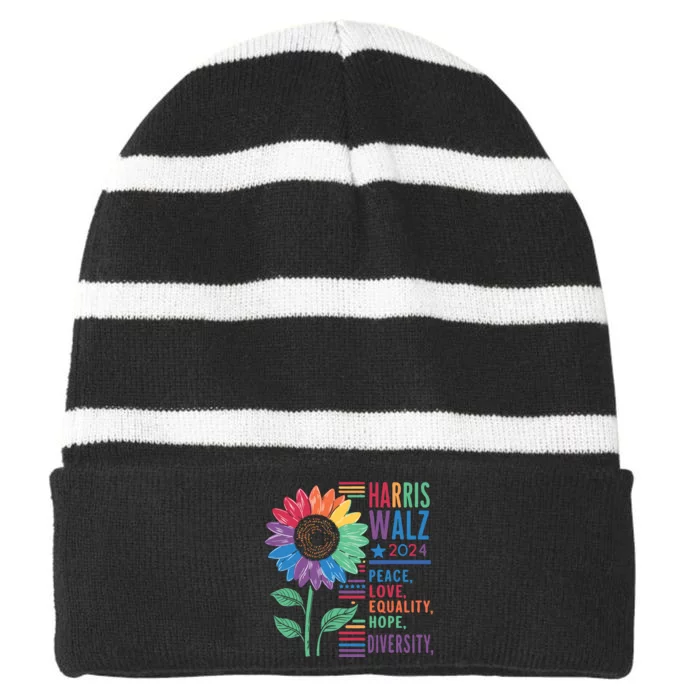 Harris Walz Peace Love Equality Hope Diversity Kamala 2024 Striped Beanie with Solid Band