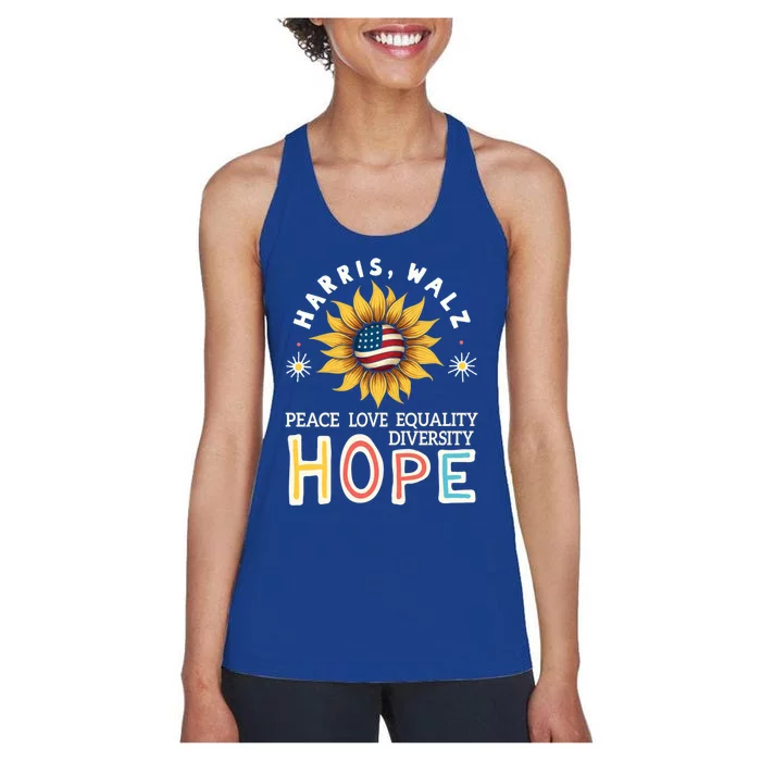 Harris Walz Peace Love Equality Diversity Hope Sunflower Gift Women's Racerback Tank