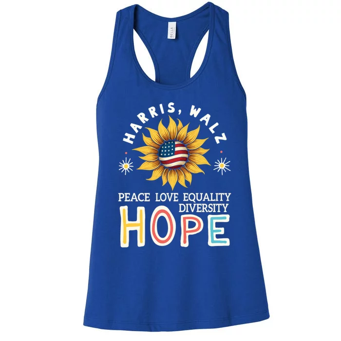 Harris Walz Peace Love Equality Diversity Hope Sunflower Gift Women's Racerback Tank