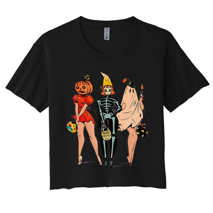 Halloween Witch Pin Up Retro Vintage Pumpkin Women's Crop Top Tee