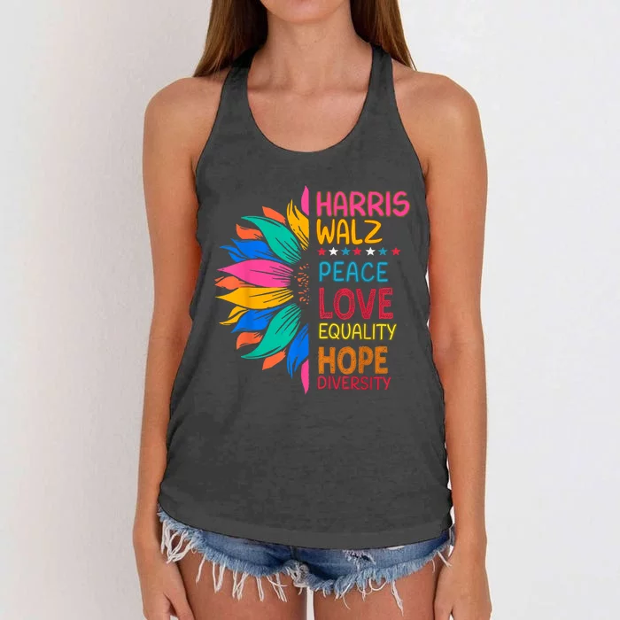 Harris Walz Peace Love Equality Hope Diversity Women's Knotted Racerback Tank