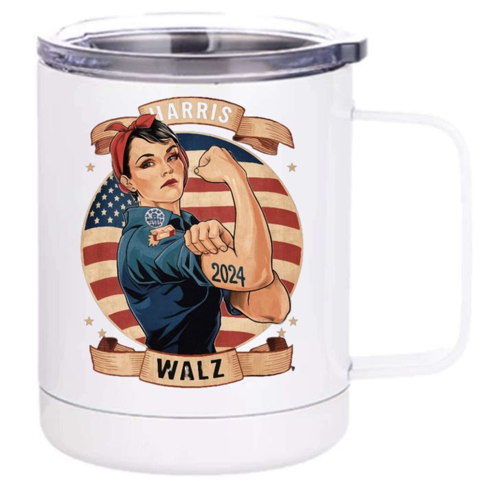 Harris Walz Rosie The Riveter Kamala Harris Tim Walz 2024 Front & Back 12oz Stainless Steel Tumbler Cup