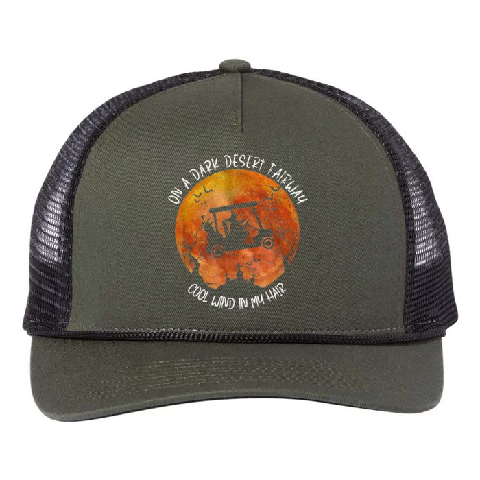 Halloween Witch Riding Golf Cart On A Dark Desert Fairway Retro Rope Trucker Hat Cap