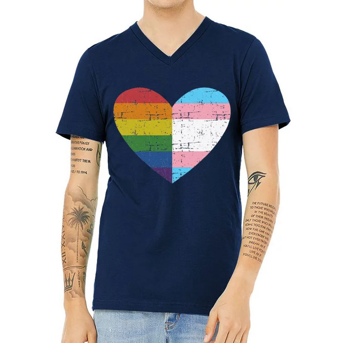 Heart With Rainbow And Transg Flag For Pride Month V-Neck T-Shirt