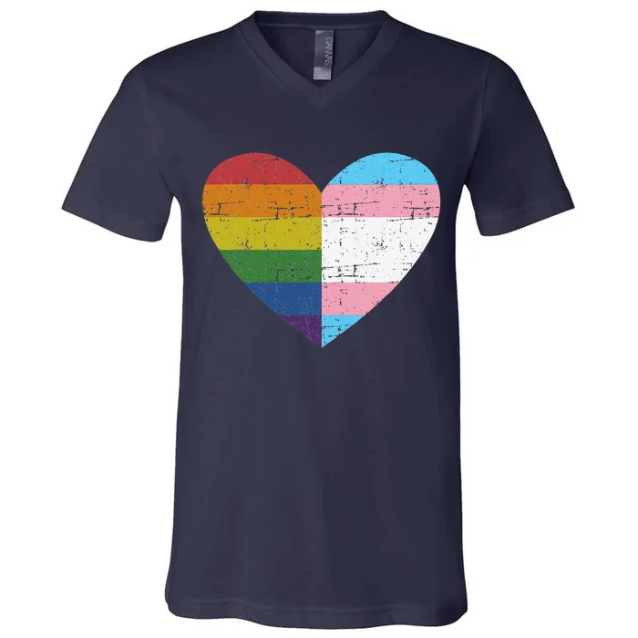 Heart With Rainbow And Transg Flag For Pride Month V-Neck T-Shirt