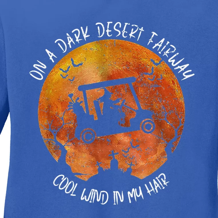 Halloween Witch Riding Golf Cart On A Dark Desert Fairway Ladies Long Sleeve Shirt