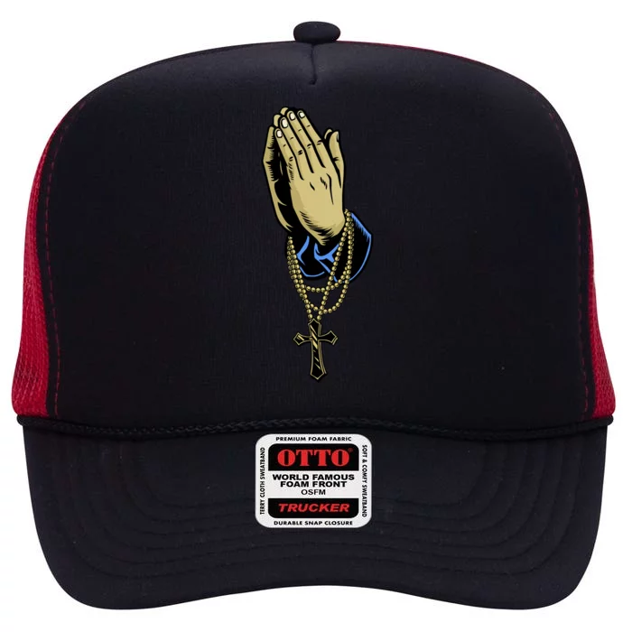 Hand With Rosary Praying Cross High Crown Mesh Trucker Hat