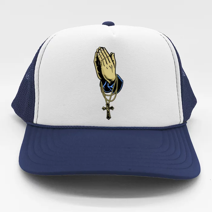 Hand With Rosary Praying Cross Trucker Hat