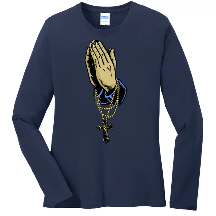 Hand With Rosary Praying Cross Ladies Long Sleeve Shirt