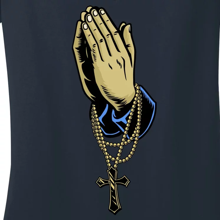 Hand With Rosary Praying Cross Women's V-Neck T-Shirt