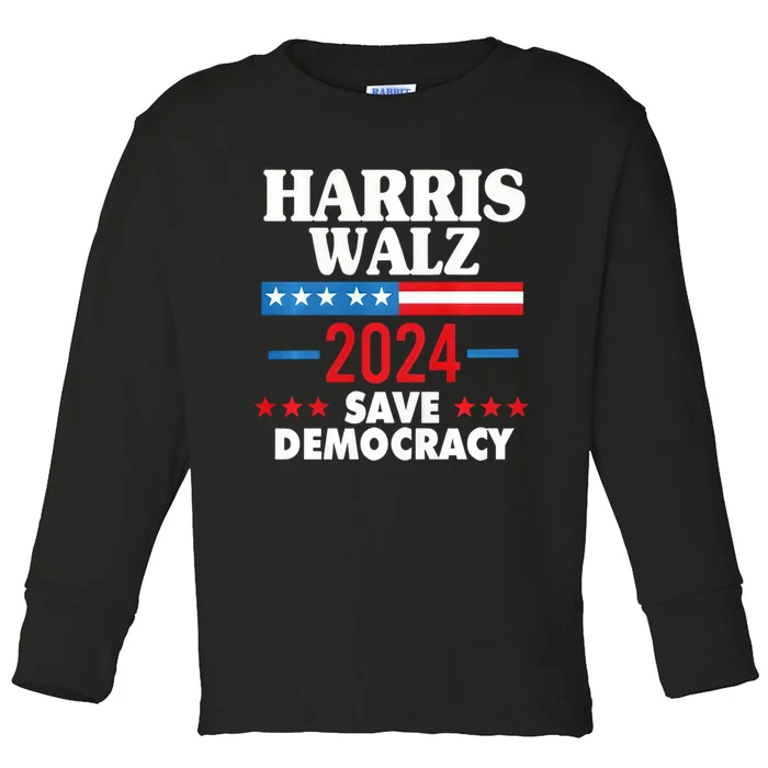 Harris Walz Save Democracy Toddler Long Sleeve Shirt