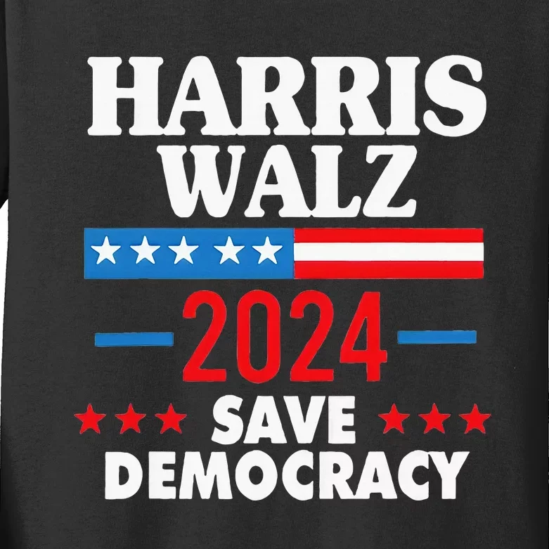 Harris Walz Save Democracy Kids Long Sleeve Shirt