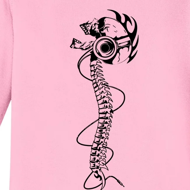 Headphone Wearing Skull Spine Baby Long Sleeve Bodysuit