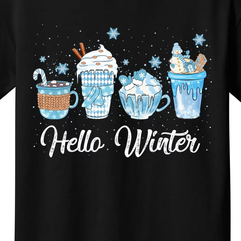 Hello Winter Sweet Cozy Coffee Lovers Snowman Christmas Kids T-Shirt