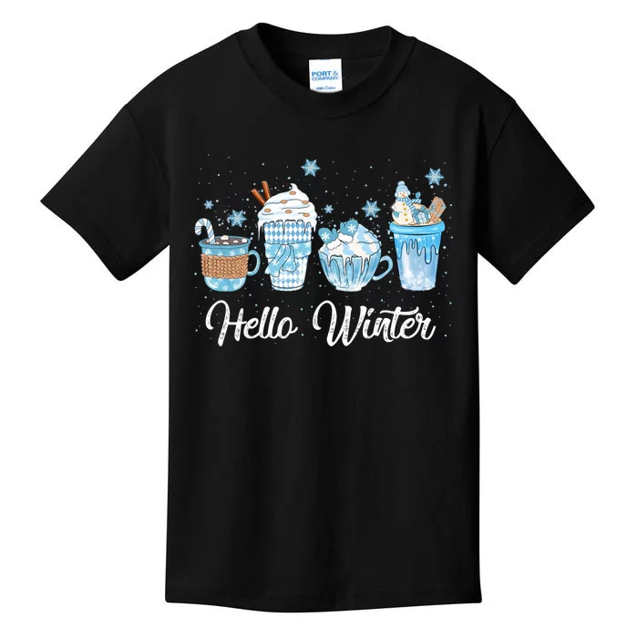 Hello Winter Sweet Cozy Coffee Lovers Snowman Christmas Kids T-Shirt