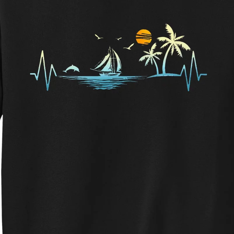 Heartbeat With Sailboat Tropical Palm Trees Beach Island Tall Sweatshirt