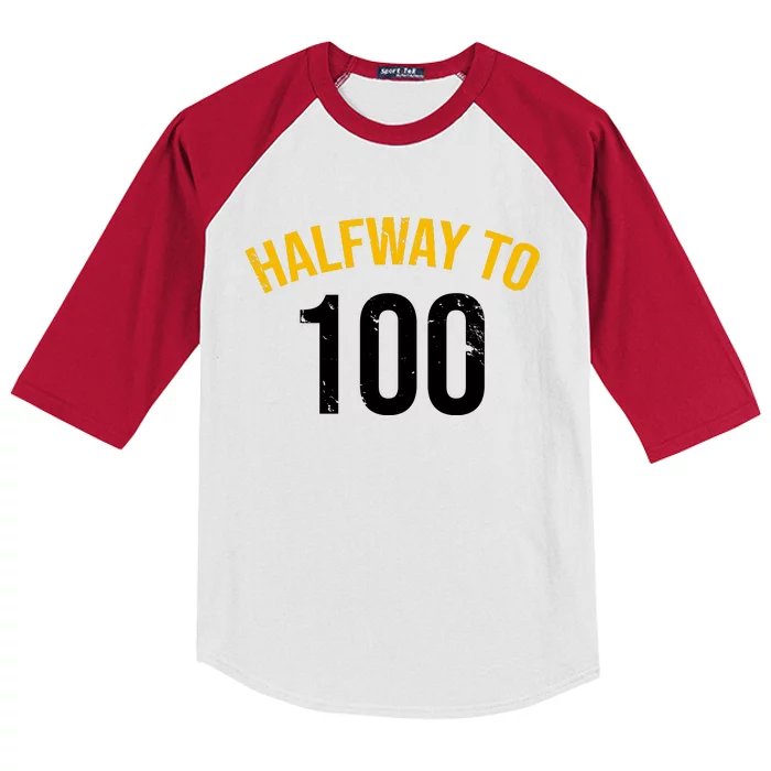 Half Way To 100, Funny 50th Birthday Joke Kids Colorblock Raglan Jersey