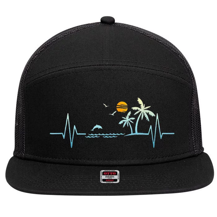 Heartbeat With Tropical Palm Trees Beach Island Sunset 7 Panel Mesh Trucker Snapback Hat