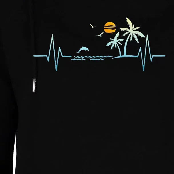 Heartbeat With Tropical Palm Trees Beach Island Sunset Womens Funnel Neck Pullover Hood