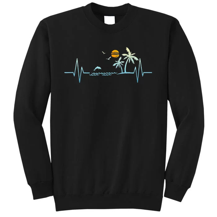 Heartbeat With Tropical Palm Trees Beach Island Sunset Tall Sweatshirt